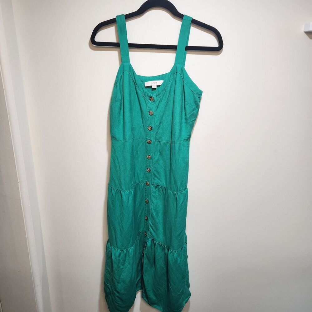Ann Taylor Loft Green Linen Blend Strappy Button Tiered Midi Dress Sz 6 Petite